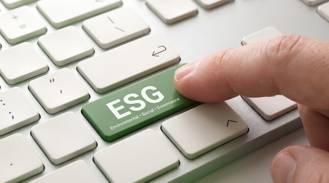Finger pressing a green ESG keyboard button representing a direct commitment to environmental social and governance corporate responsibility