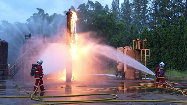 Firefighter fire flame water hose training industrial safety drill yard, responders spray foam and jet streams on fuel flare and burning tower, heavy smoke, mist, wet ground emergency exercise