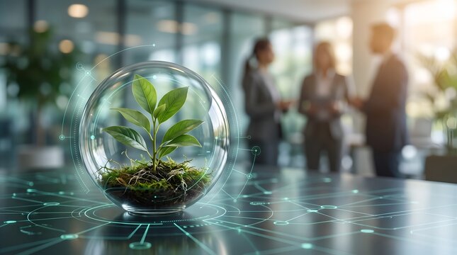 Green technology ecosystem concept featuring a plant in a glass sphere with glowing digital network lines in a modern corporate office.