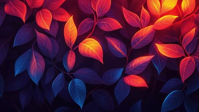 Vibrant red and blue leaves against dark background
