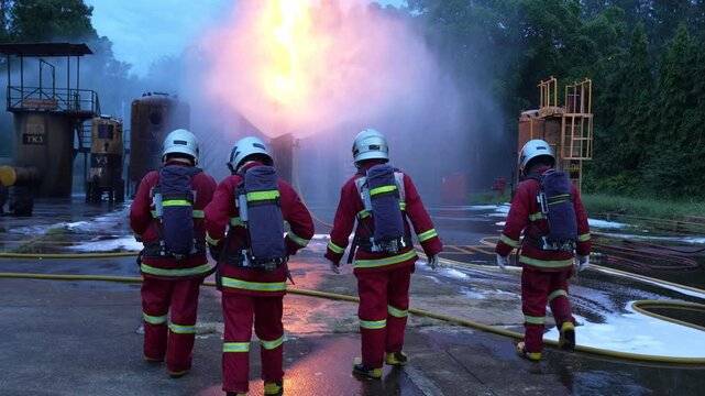 Firefighter industrial fire emergency response training with fire hose and protective gear, smoke and flame at dusk, foam control during refinery safety drill, rescue crew advancing toward explosion
