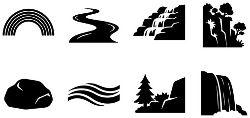 Fototapeta premium Nature Icons: Waterfall, River, Rainbow, Rock, Tree, Landscape Elements