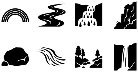 Fototapeta premium Nature Landscape Icons: Rainbow, River, Waterfall, Cliff, Rock, Stream, Trees, Cascade