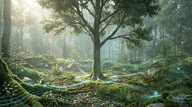 Smart forest technology with glowing digital network lines connecting to tree roots representing ecological data analysis and environmental conservation