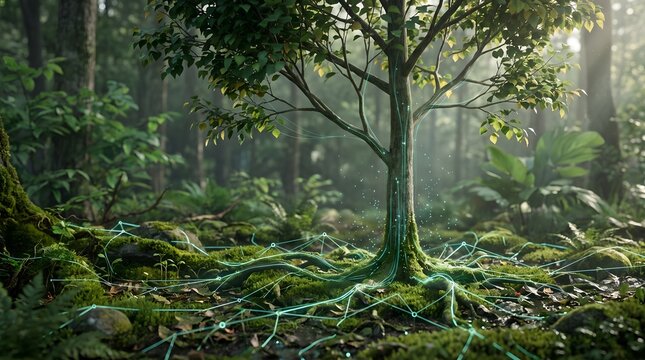 Ecological network visualization featuring glowing digital connections spreading through tree roots on mossy forest floor representing bio-technology