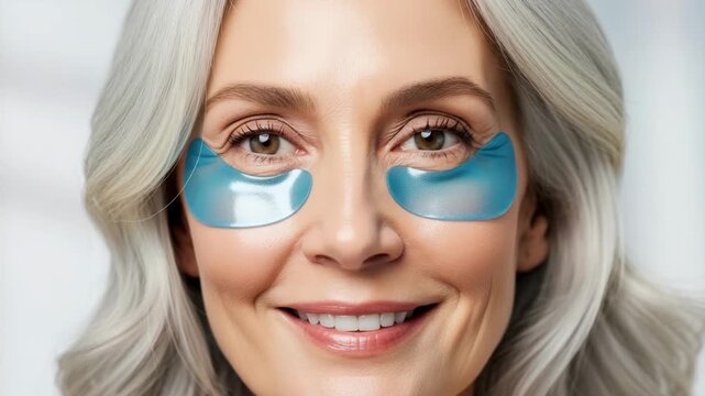 Smiling woman applying eye patches in beauty routine at home