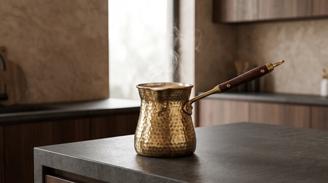 Traditional brass cezve with steam on kitchen counter, hammered copper coffee pot, vintage turkish coffee maker in modern interior