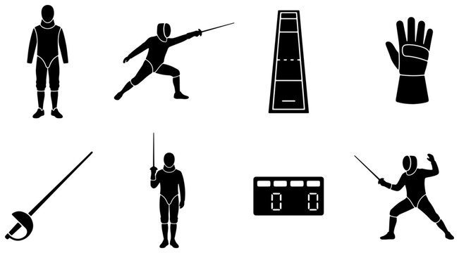 Fencing Sport Icons: Athletes, Swords, Scoreboard, Glove, Vector Set