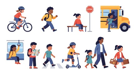 Fototapeta premium Modern Geometric Children Using Transportation and Learning Road Safety Illustration Collection