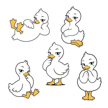 Cartoon Duck Clipart Set with Five White Bird Poses, Cute Farm Animal Vector Collection for Scrapbooking, Stickers and Decorative Design
