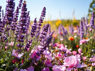 Obraz premium Lavender blooms sway gently in morning sunlight amidst a tapestry of rose petals and wildflowers, sunrise, bloom