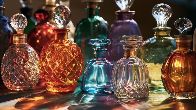 Pretty old perfume bottles in bright colors catch the strong, dramatic light.