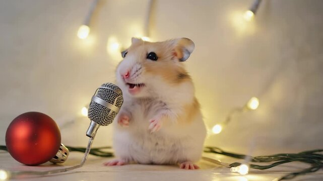 Hamster sings into microphone during holiday decorations at home