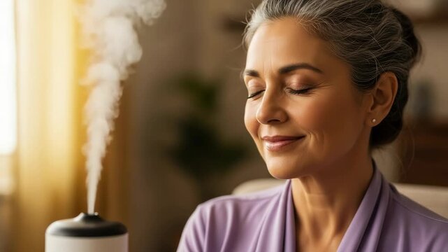 Woman enjoying aromatherapy in a cozy room with steam from a diffuser