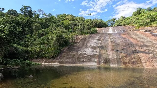 Paqueta Waterfall in Ilhabela, S&atilde;o Paulo, Brazil - Tropical Waterfall and Natural Pool Surrounded by Atlantic Forest