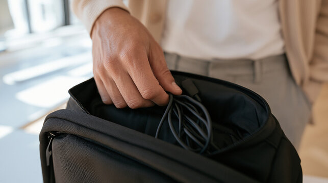 Hands Searching for Charging Cable Inside Backpack in Blurred Home Office Workspace