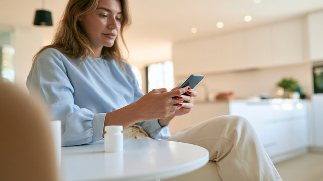 Woman checking prescription renewal on smartphone with medication package on table