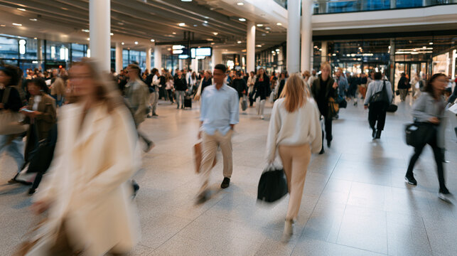 Anonymous Commuters Moving Through Spacious Train Station Corridor in Blurred Public Transportation Scene