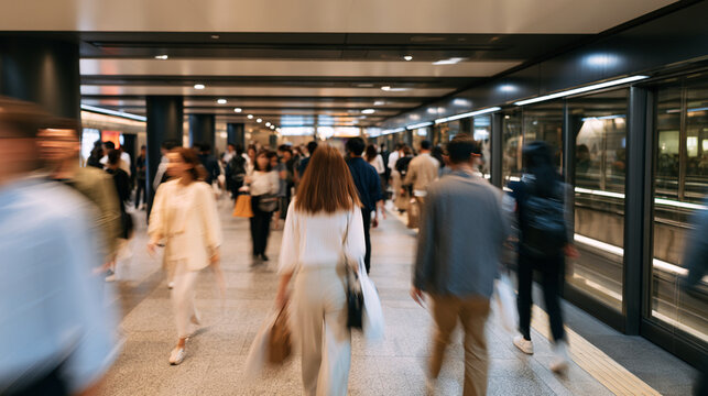Anonymous Commuters Walking Through Underground Metro Corridor in Blurred Urban Transit Scene