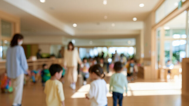 Blurred Conceptual Shot of Childcare Center Corridor with Educators and Children in Bright Environment