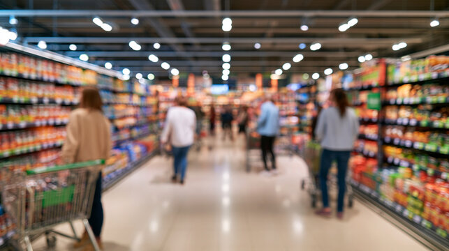 Blurred Conceptual Shot of Modern Supermarket Aisle with Shoppers Moving Between Shelves