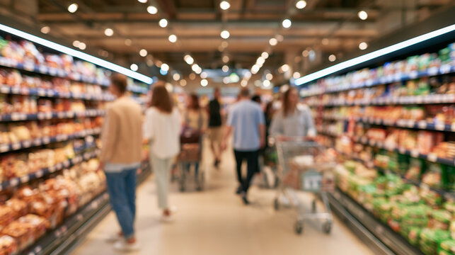 Blurred Conceptual Shot of Modern Supermarket Aisle with Shoppers Moving Between Shelves