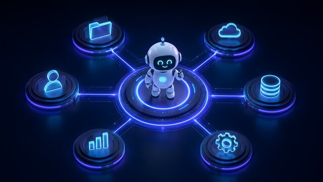 3D AI robot standing in the center of a glowing digital network with tech icons representing centralized artificial intelligence system management