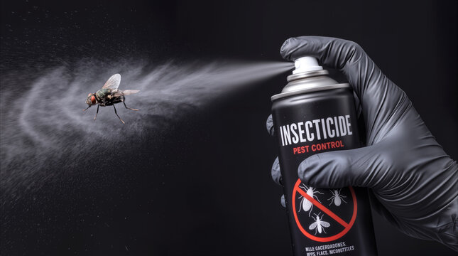 Pest control technician spraying insecticide on housefly. Professional exterminator using chemical aerosol spray to eliminate domestic insect pests.