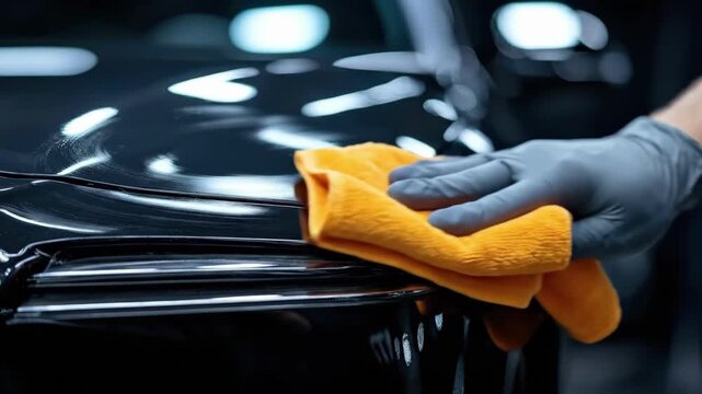 Close-up of hand polishing car surface with yellow cloth