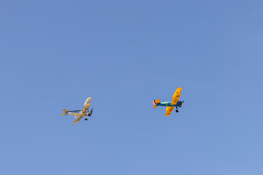 airshow from the aero club Obermoerlen with historic aircrafts Focke wulf fw44 and Boeing Model 75 during stunt flying and aerobatics