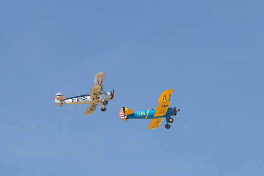 airshow from the aero club Obermoerlen with historic aircrafts Focke wulf fw44 and Boeing Model 75 during stunt flying and aerobatics