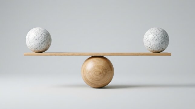 Balanced stone spheres resting on a wooden plank and ball represent stability and harmony in a minimalist 3D scene. This composition symbolizes perfect equilibrium and peace for our
