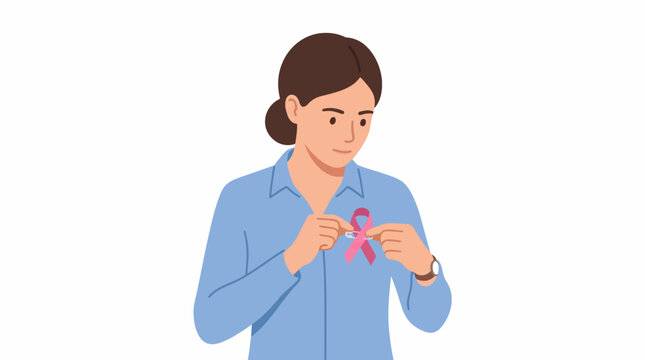 Woman Pinning Pink Awareness Ribbon for Breast Cancer Support