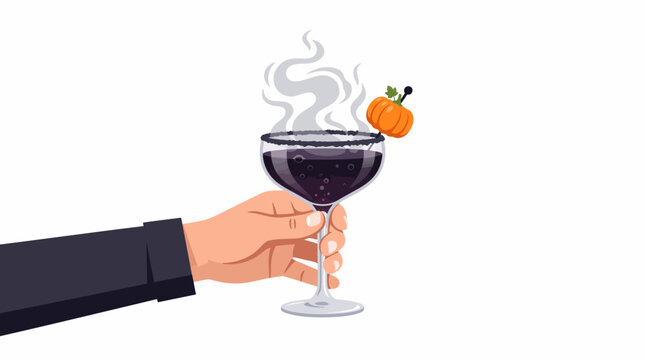 Bartender holding Halloween-themed cocktail with pumpkin garnish