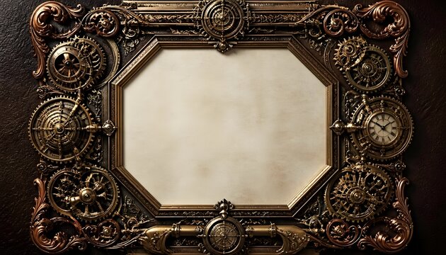 Vintage steampunk border frame with bronze gears cogs and clockwork mechanism