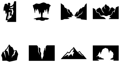 Fototapeta premium Mountain Landscape Icons Set, Adventure Climbing Silhouette, Nature Scenery Vector Graphics