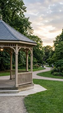 Tranquil gazebo in a park at dusk, perfect for serene outdoor moments and advertising with copy space.
