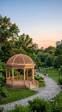 Wooden gazebo in a lush park at sunset with ample copy space for marketing