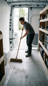 Worker sweeping dirt from a clean cargo van interior, mobile workshop setting with shelves and tools, bright neutral light