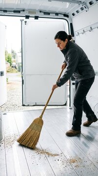 Woman sweeping inside a clean cargo van interior, preparing workspace for transport or business, bright daylight