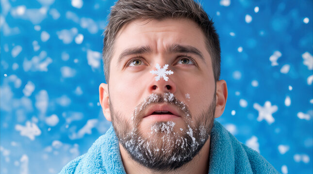 Bearded man looking up with snowflake on his nose. Winter season concept with falling snow against blue background.