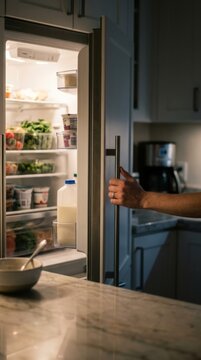 Hand opening a modern refrigerator in a dimly lit kitchen, revealing fresh food and drinks, late night snack concept