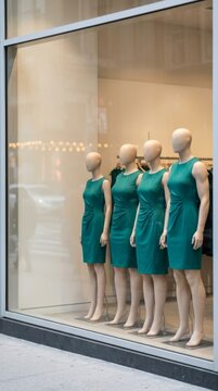 Diverse mannequins in teal dresses celebrate body positivity in a modern storefront window display