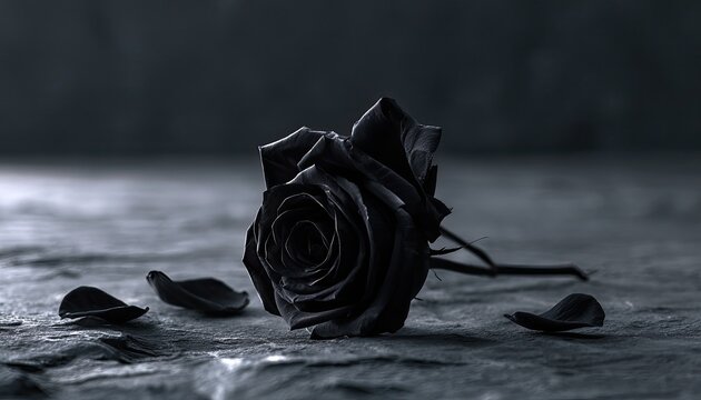 Dark, single, withered black rose lies on a stone surface