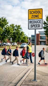 School children crossing street at crosswalk near safety sign, promoting traffic awareness and pedestrian safety