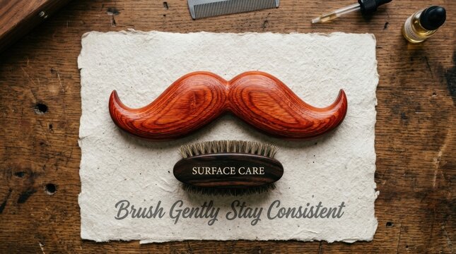 Elegant wooden mustache sculpture sits above a professional grooming brush on textured paper with grooming advice. This vintage barbershop scene highlights premium male care products on wood table