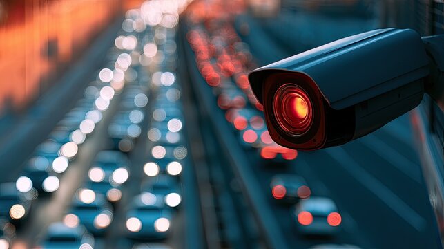 Security camera monitors congested highway traffic at dusk