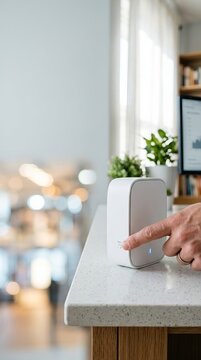 Fingertip presses reset button on modern white router in bright minimalist office with copy space