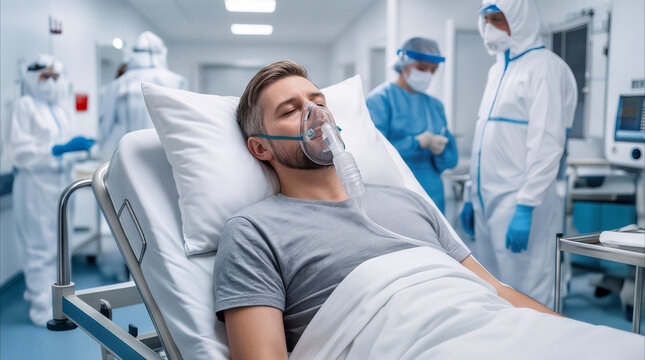 Patient wearing oxygen mask lying in hospital bed while medical staff in hazmat suits work in background. Intensive care unit during viral outbreak.