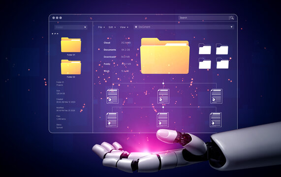 Robotic Hand Displaying Digital File Management Interface with Colorful Animated Background on Futuristic Technology Concept. Bitwise.